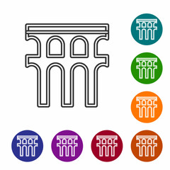 Black line Aqueduct of Segovia, Spain icon isolated on white background. Roman Aqueduct building. National symbol of Spain. Set icons in color circle buttons. Vector