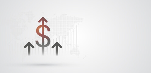 Moving up arrow with dollar sign on financial graph and world map in black and white color background