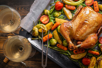 Festive dinner for two of chicken and vegetables. baking sheet with baked chicken and baked green beans, baby carrots, potatoes, green peppers and Brussels sprouts. two glasses of wine.