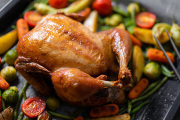 Festive dinner for two of chicken and vegetables. baking sheet with baked chicken and baked green beans, baby carrots, potatoes, green peppers and Brussels sprouts. two glasses of wine.