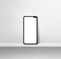 Mobile phone on white concrete wall shelf. Square background