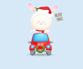 Cute baby santa in red car for merry christmas illustration Premium Vector