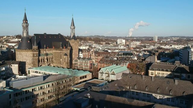 Drone flight (ascending) over the city of Aachen in the district of Nordrhein Westphalen in Germany