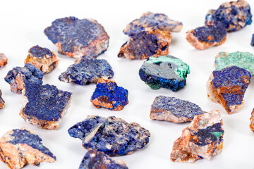 Macro mineral stone Malachite and Azurite against white background