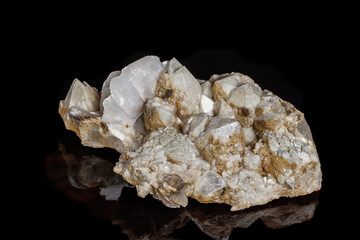 Macro mineral stone Snow quartz with calcite on a black background