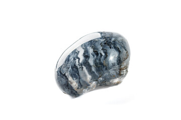 Macro mineral quartz stone with dumortierite on a white background