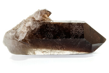 Macro mineral stone smoky quartz, rauchtopaz on a white background