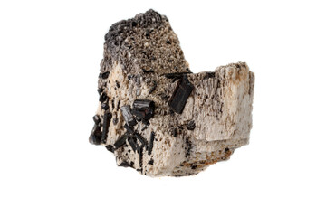 Macro mineral stone Schorl, Black Tourmaline on the feldspar on a white background