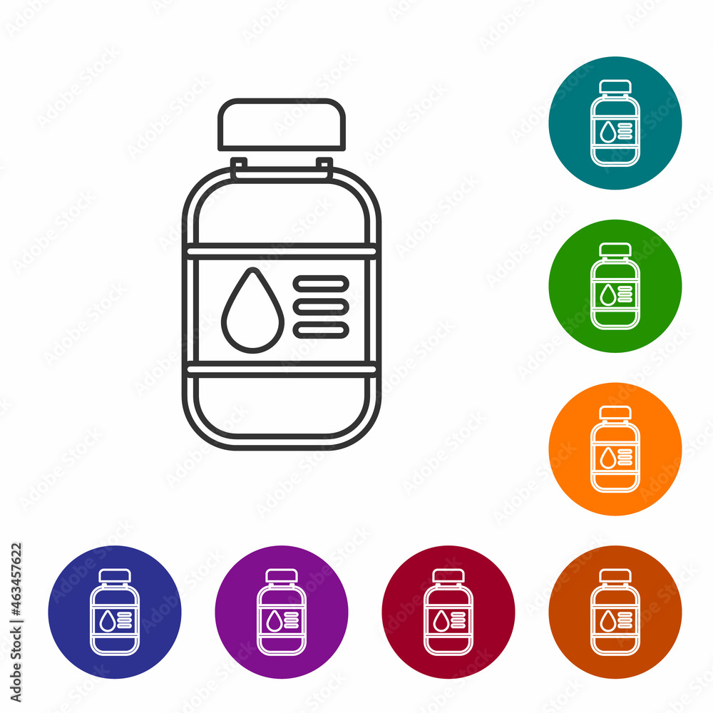 Poster black line printer ink bottle icon isolated on white background. set icons in color circle buttons. 