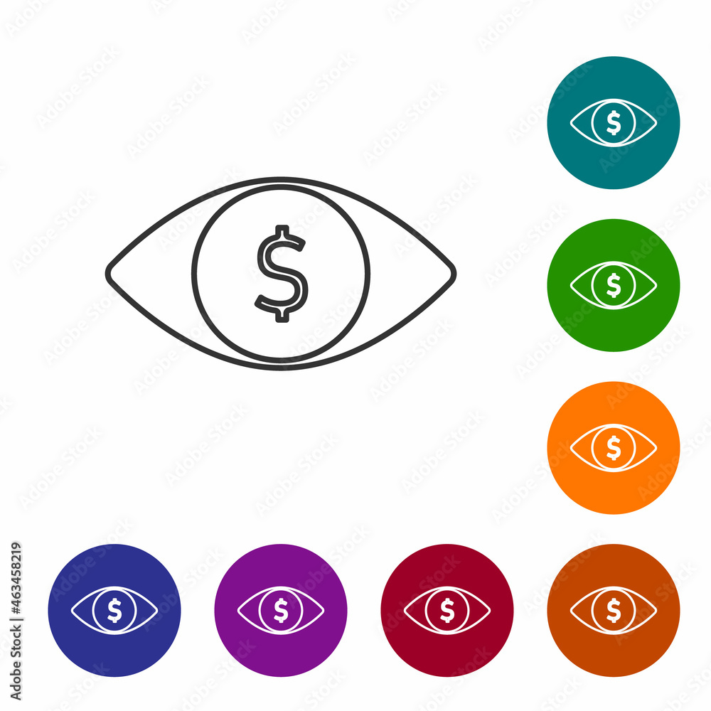 Poster black line eye with dollar icon isolated on white background. set icons in color circle buttons. vec