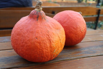 pumpkin on the background of a fallen maple leaf on a wooden table, a warm autumn day on the eve of Halloween