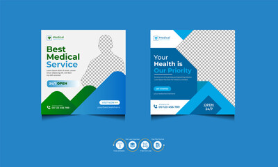 Medical Healthcare Social Media Post Template Design. Hospital Healthcare Doctor Social Media Post Banner Editable Design Set Template
