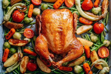 juicy and appetizing baked chicken with vegetables