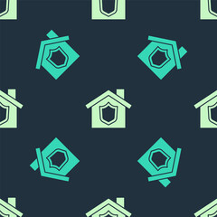 Green and beige House with shield icon isolated seamless pattern on blue background. Insurance concept. Security, safety, protection, protect concept. Vector