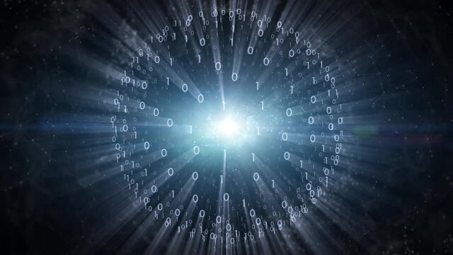 Digital shining binary data sphere in cyberspace with lens flare effect background.