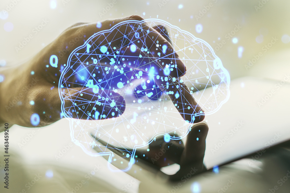 Poster double exposure of creative human brain microcircuit and hand working with a digital tablet on backg