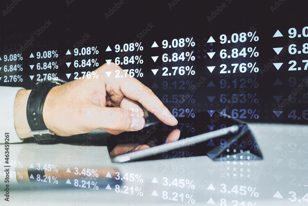 Aufkleber double exposure of abstract creative statistics data hologram with finger clicks on a digital tablet