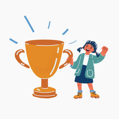 Vector illustration of girl holding big gold prize cup.