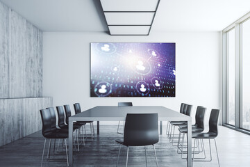 Social network media concept on tv display in a modern presentation room. 3D Rendering