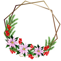 Christmas watercolour wreath, gold frame, pink poinsettia, red berries. Hand drawn object, isolated on white.