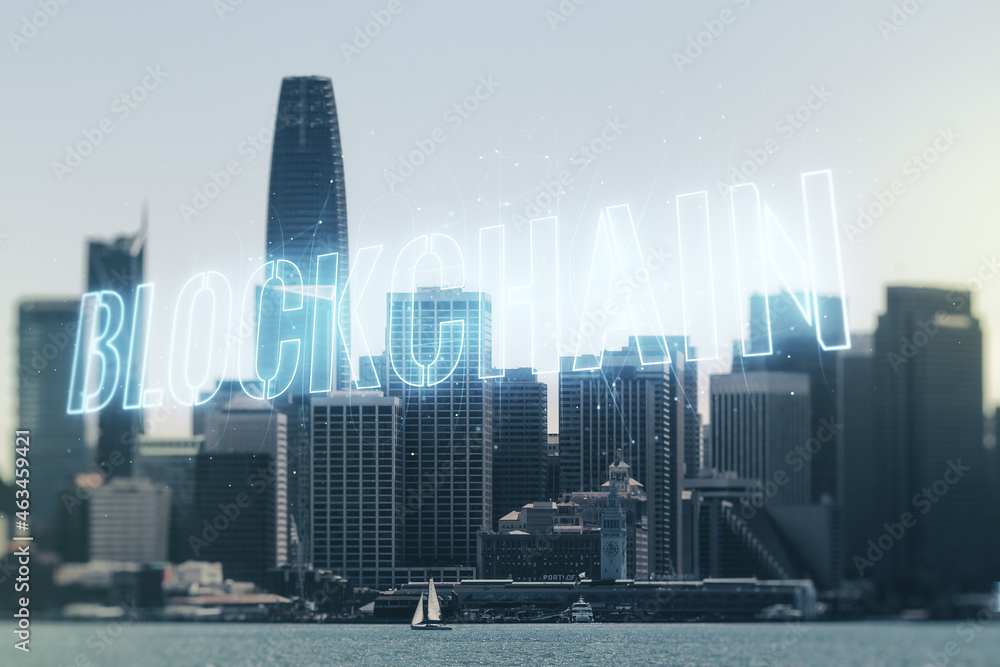 Poster abstract virtual blockchain technology sketch on san francisco office buildings background, future t