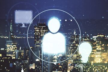 Abstract virtual social network concept on San Francisco skyline background. Multiexposure