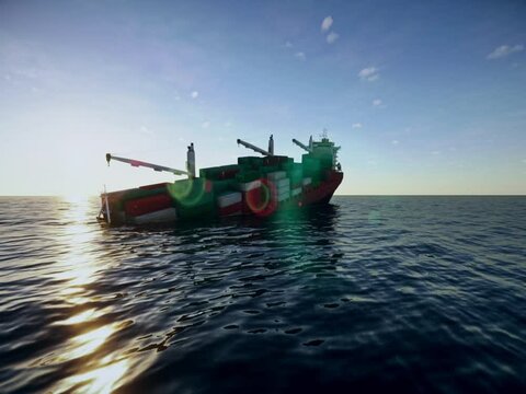 Half-sunken cargo ship after a hurricane. Accident in the ocean lead to a container ship sinking in the water.