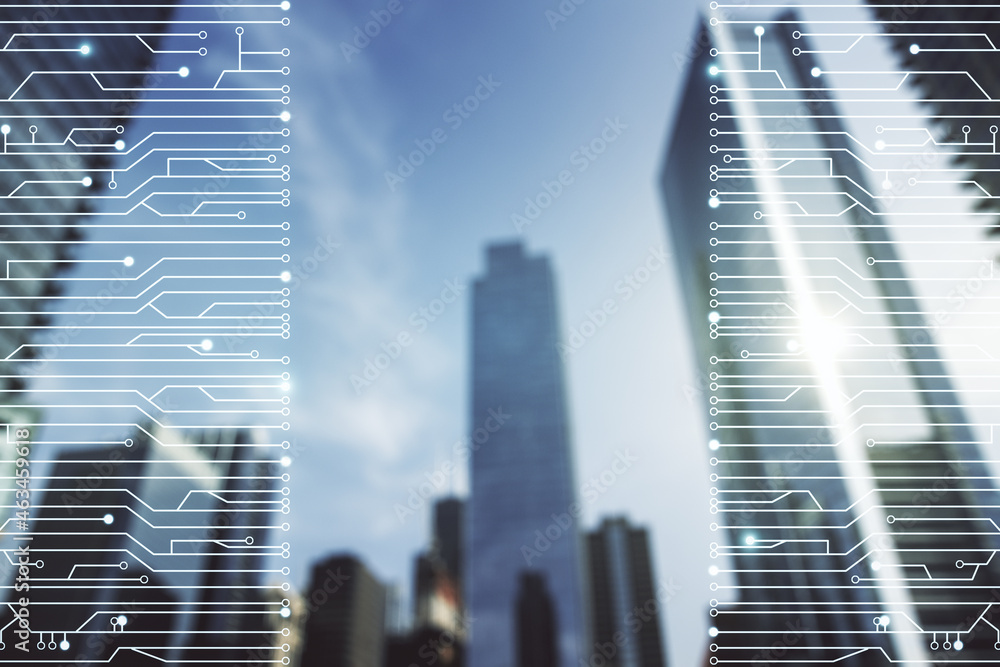Poster abstract virtual micro chip hologram on modern architecture background, artificial intelligence and 
