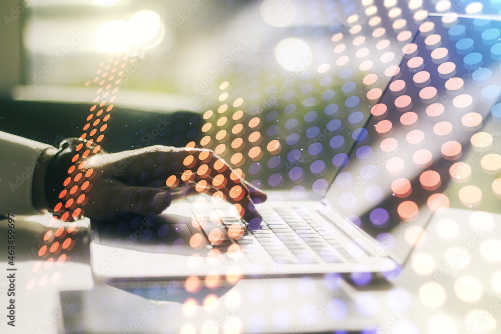 Poster creative abstract upward arrows hologram and hands typing on computer keyboard on background, leader