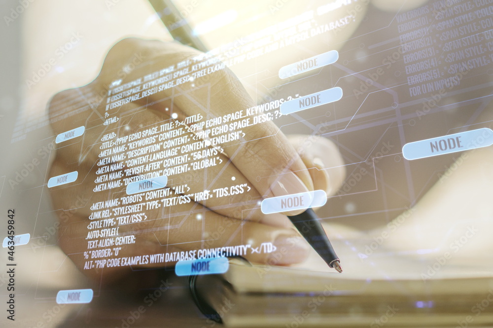 Poster double exposure of abstract programming language with man hand writing in notebook on background, re