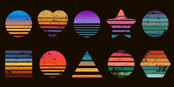 Retro striped sunset prints in heart, star and circle shapes. 80s t-shirt design with beach sunrise. Geometric sea surfing logo vector set