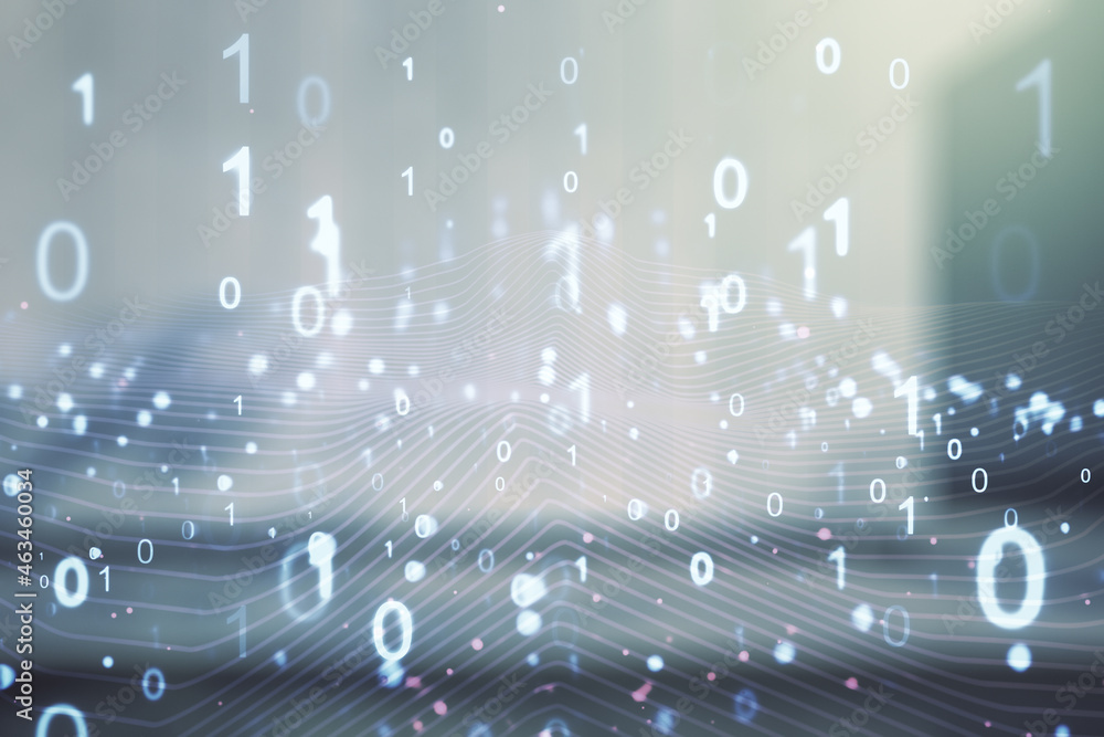 Poster abstract virtual binary code illustration on blurry modern office building background. big data and 