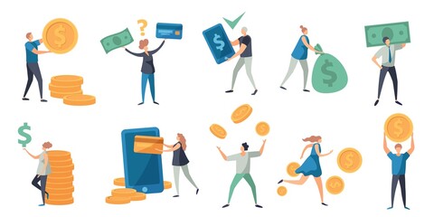 Flat tiny characters paying with money, card and phone. People holding cash, bill and coins. Refund, exchange and payment vector concept set