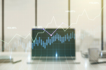 Multi exposure of abstract creative financial graph on modern computer background, forex and investment concept