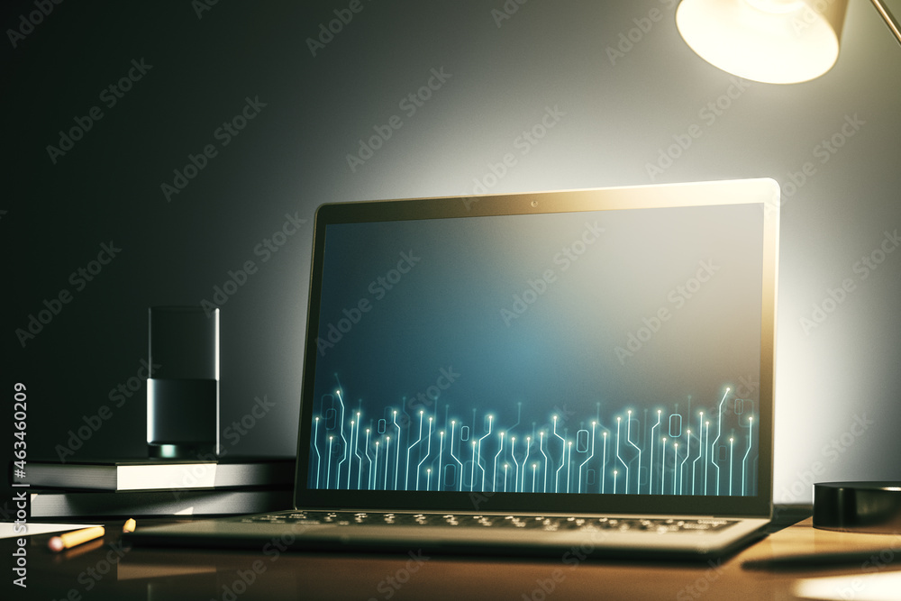 Poster Creative abstract micro circuit sketch on modern laptop monitor, future technology and AI concept. 3D Rendering