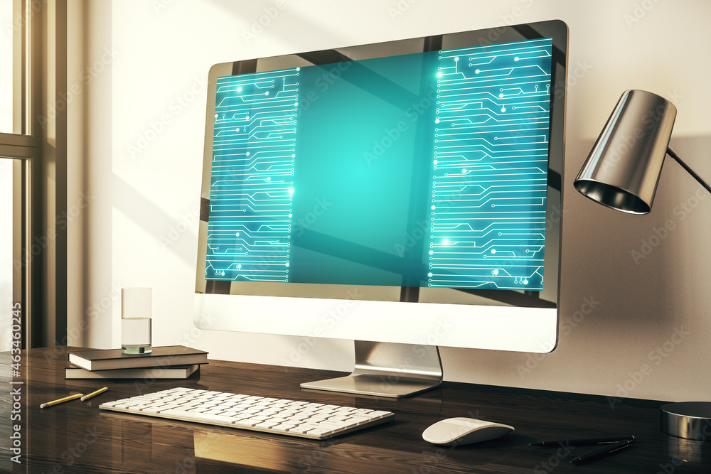 Poster modern computer monitor with circuit hologram. research and development hardware concept. 3d renderi