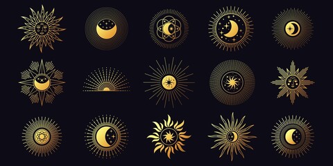Moon, sun and stars, celestial boho line elements. Chic golden mystic astrology symbols. Minimalist yoga tattoo and logo design vector set