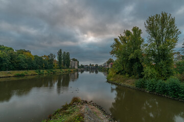 River Labe in central Bohemian town Kolin in autumn color morning