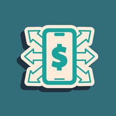 Green Smartphone with dollar symbol icon isolated on green background. Online shopping concept. Financial mobile phone icon. Online payment. Long shadow style. Vector