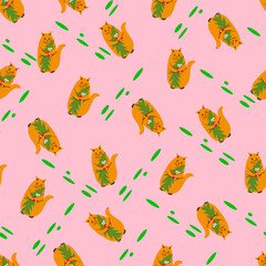 Seamless pattern cat with a tree and a gift.With green dots.Christmas background for textiles, banner, scrapbooking, notepad, children's clothing.Illustrator, vector.