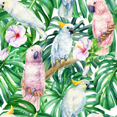 Tropical birds, cockatoo parrot, exotic plants jungle, hibiscus flowers, seamless pattern, palm background