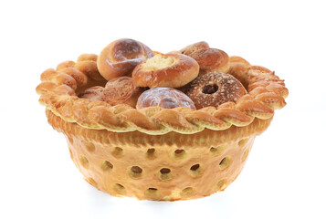bread basket with sweet buns isolated on white background