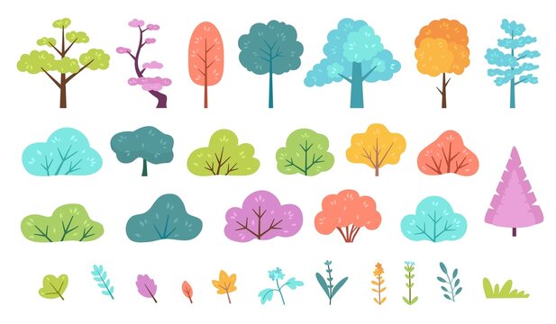 Flat minimal bush, shrub, tree, grass, wild plant and flower. Cartoon forest, meadow, park or garden, spring landscape elements vector set
