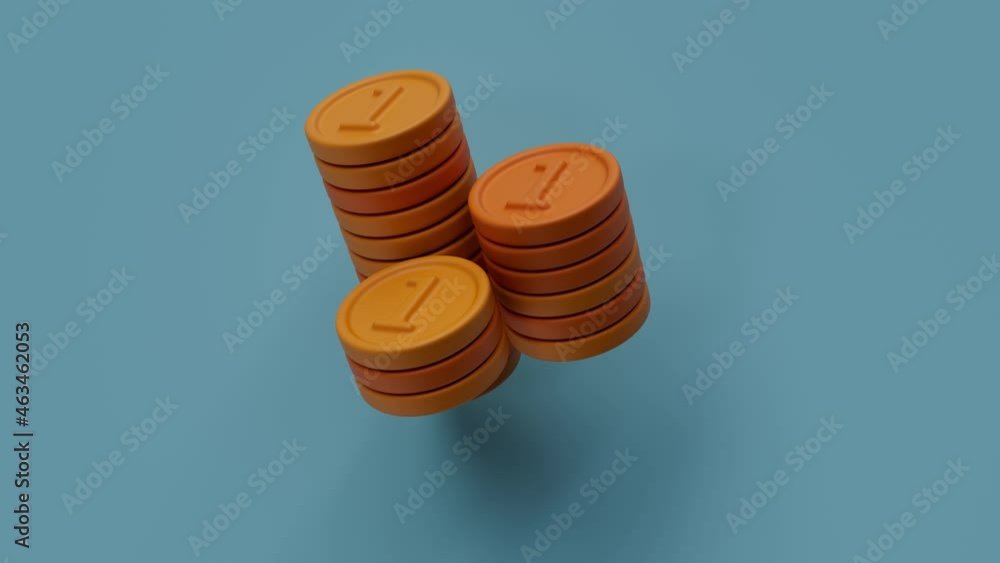 Poster three columns of orange money coins. 3d loopable render. simple concept.