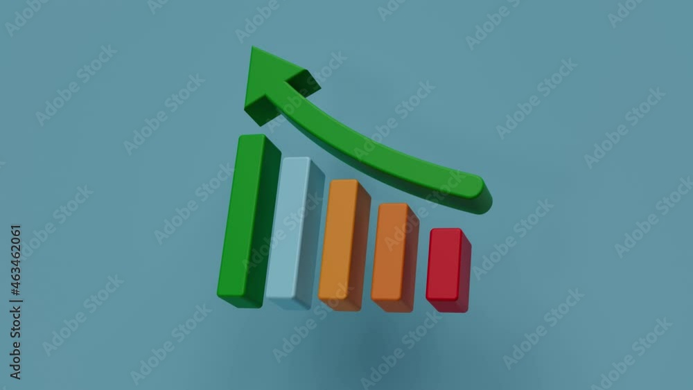 Poster 3d extruded finance render. green arrow goes up and below we see a growth graph. simple minimal desi
