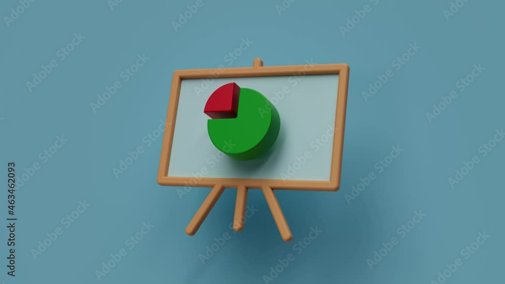 Poster finance theme abstract 3d render loopable background with pie chart divided into two segments, one i