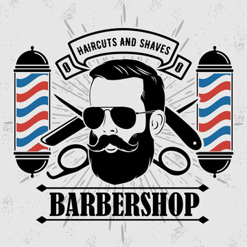 Barbershop logo, poster or banner design concept with barber pole and bearded men. Vector illustration	