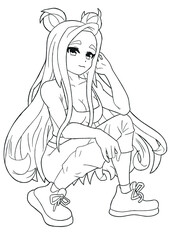 Cute anime girl with green hair, big breasts, in a T-shirt linear artwork