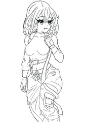 Cute anime girl with fiery orange hair in military uniform linear artwork