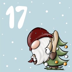 Day 17 - Cute advent calendar with Gnomes everyday activities. Christmas and New year countdown numbered poster. Illustration for poster, card, kid and nursery decor